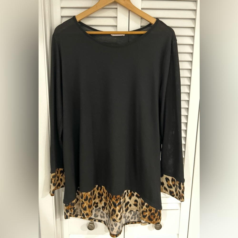Reborn J long sleeve black knit top with leopard print cuff and hem fringe 3XL